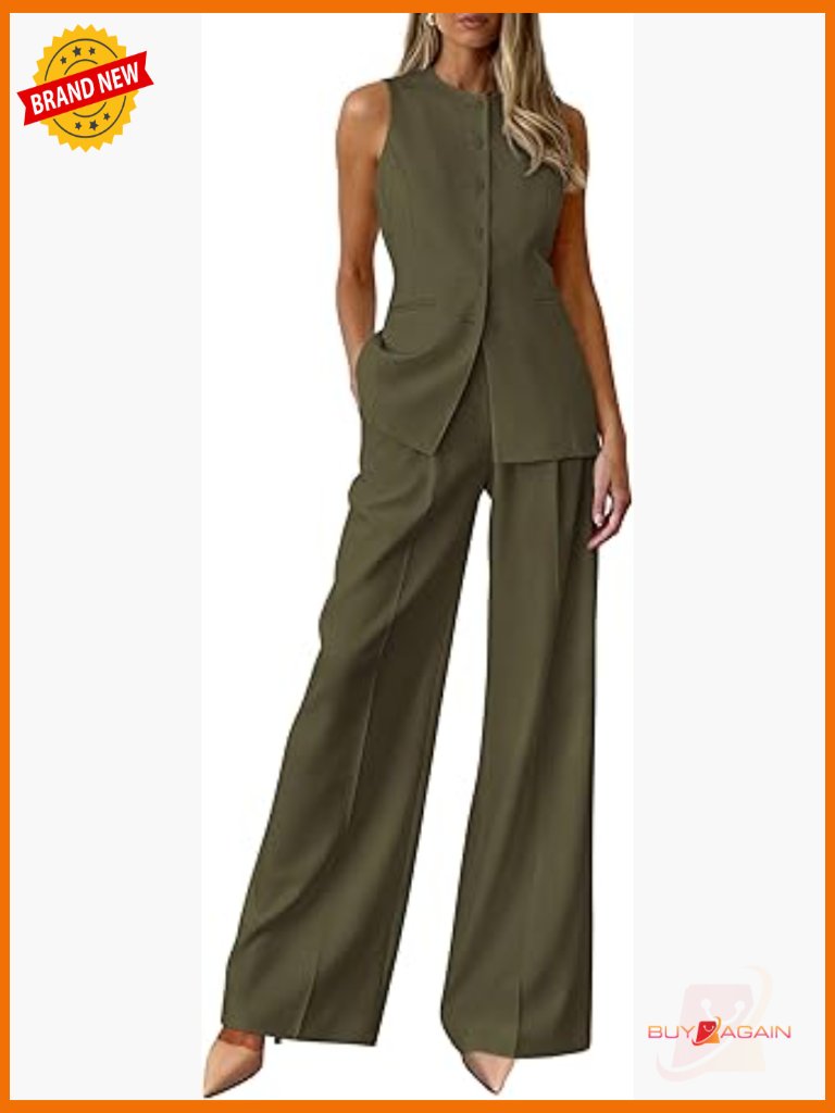 Sleeveless Blazer Vest & Wide Leg Pants Suit Set Business Casual 2 Piece